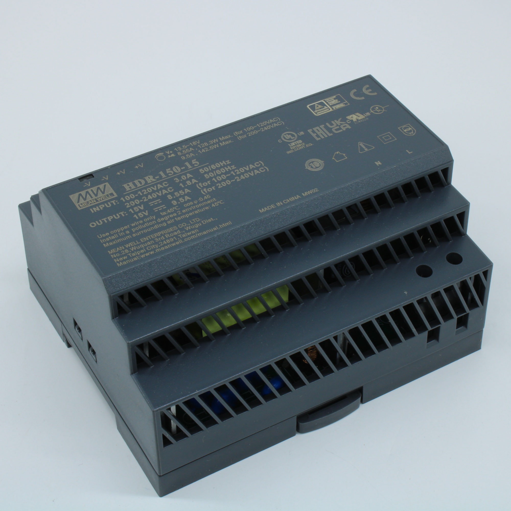 HDR-150-15 - AC-DC, 142.5Вт, вход 85...264 В AC 47...63Гц/120...370В DC, выход 15В/9.5А, рег. выхода 13.5…18В, изоляция 3000В AC, в кожухе на DIN-рейку, 105х90х54.5мм, -30...+70°С