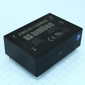 AME30-12SMAZ - AC/DC, 30Вт, вход 90…264В, выход 12В/2.5А, изоляция 4000В AC, КПД 83%, максимальная емкостная нагрузка не более 2200мкФ, 90.5x63x30мм, -40…85°C, пластик