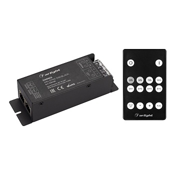 Диммер ARL-SYNC-DIM Black (12-24V, 1x25A, ПДУ 14кн, RF, RJ45) 035135 - 1-канальный диммер с радиопультом 14 кнопок. Питание 12-24VDC, макс.ток 1х25A, максимальная мощность 300-600W. Габариты диммера 127x42x32 мм, габариты пульта 85х51х6 мм.