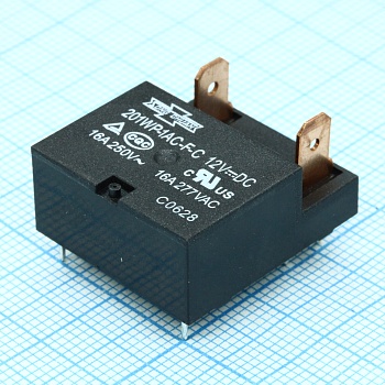 201WP-1AC-F-C 12VDC - Реле, пайка в плату+ контакты 4.8 мм. Упр.: 12VDC, Потр. мощн.: 0.4W. Комм.:NO/NC 12А/8A 240VAC, конт.: 1 открытый, размер (LxWxH) мм: 25.1 х 22.2 х 11.0