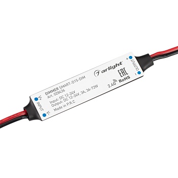 Диммер SMART-D15-DIM (12-24V, 1x3A, 2.4G) 028436 - Миниатюрный диммер для монохромной светодиодной ленты (ШИМ). Питание/рабочее напряжение 12-24VDC, максимальный ток 3A на канал, 1 канал, максимальная мощность 36-72W. Габариты 60x10x6 мм (габариты проводо