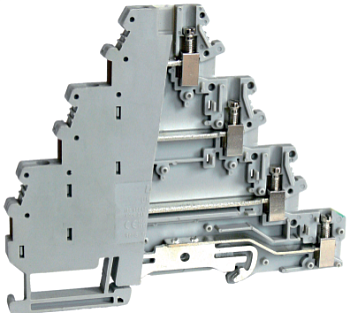 Четырехуровневая клемма UKJ-DLK4/JD - Этажная клемма, 4 этажа, тип фиксации провода: винтовой, номинальное сечение: 1,5 мм кв., 8A, 250V, ширина: 6,2 мм, цвет: серый тип монтажа: