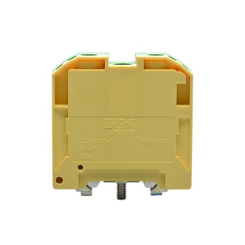 Заземляющая клемма JUT2-70PE - Заземляющая клемма, тип фиксации провода: номинальное сечение: 70 мм кв., 800V, ширина: мм, цвет: желто-зеленый, тип монтажа: DIN35