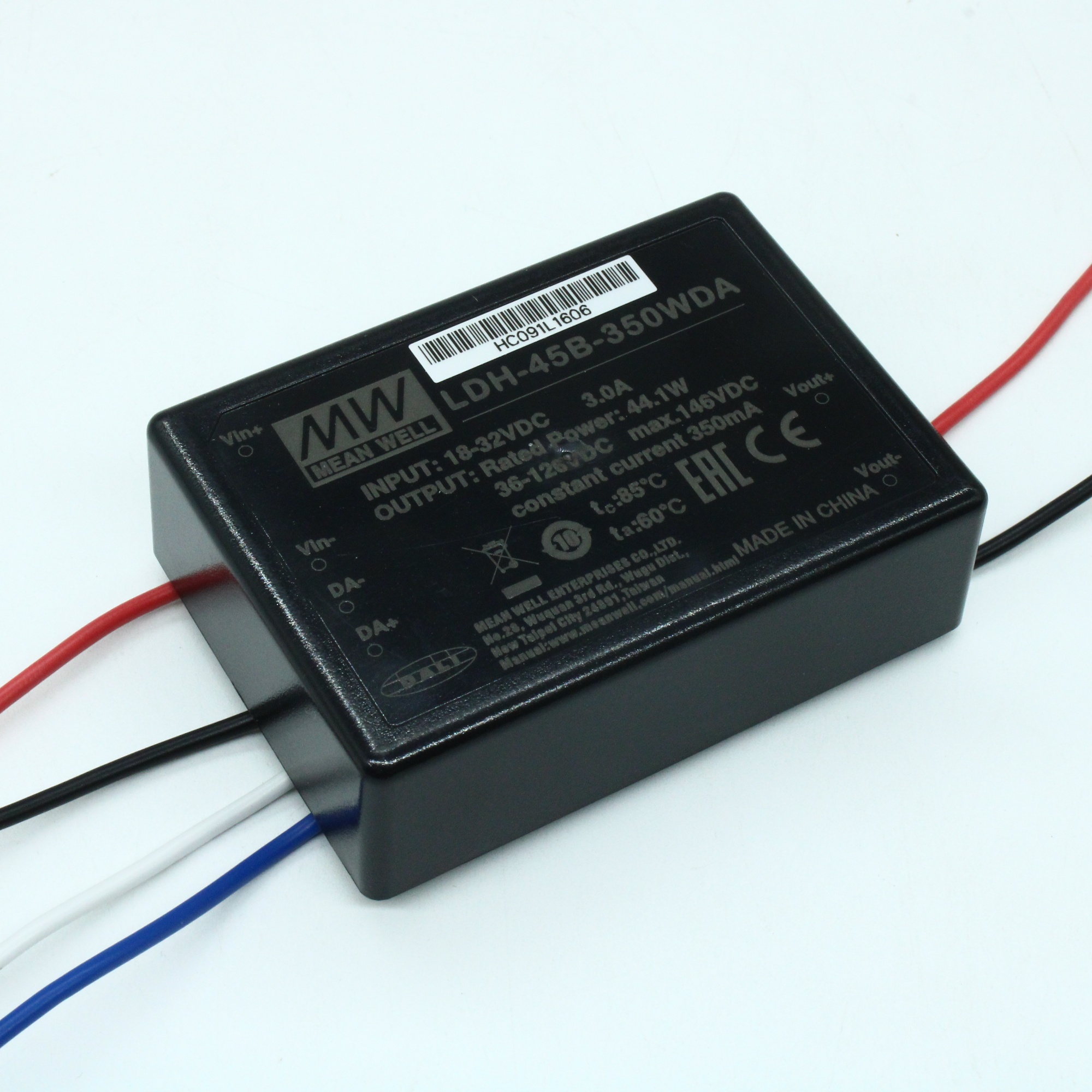 LDH-45B-350WDA - DC/DC LED повышающий, вход 18…32В, выход 36…126В/0.35А, КПД до 93%, DALI, 75x53x22.7мм, проводные выводы, -40…70°C, пластик