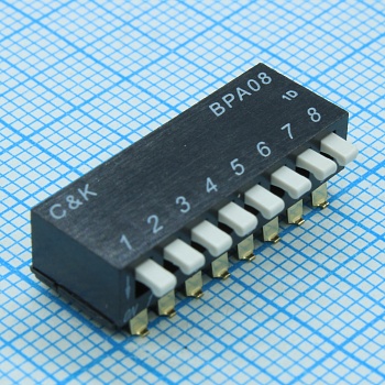 BPA08SB - DIP переключатель 8 групп OFF ON SPST 0.1А 24В SMD 1000 циклов шаг 2.54мм туба