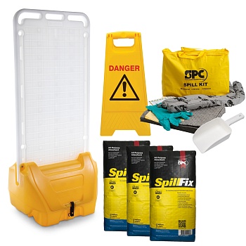 spc309077 - SPHS1-BB1-YE-SPILL Мобильная станция для устранения проливов SitePoint Spill Kit, размер 755x1725x595 мм, состав: гранулированный сорбент SpillFix (3шт), экономичный комплект для ремонта, напольная предупреждающая панель, совок.