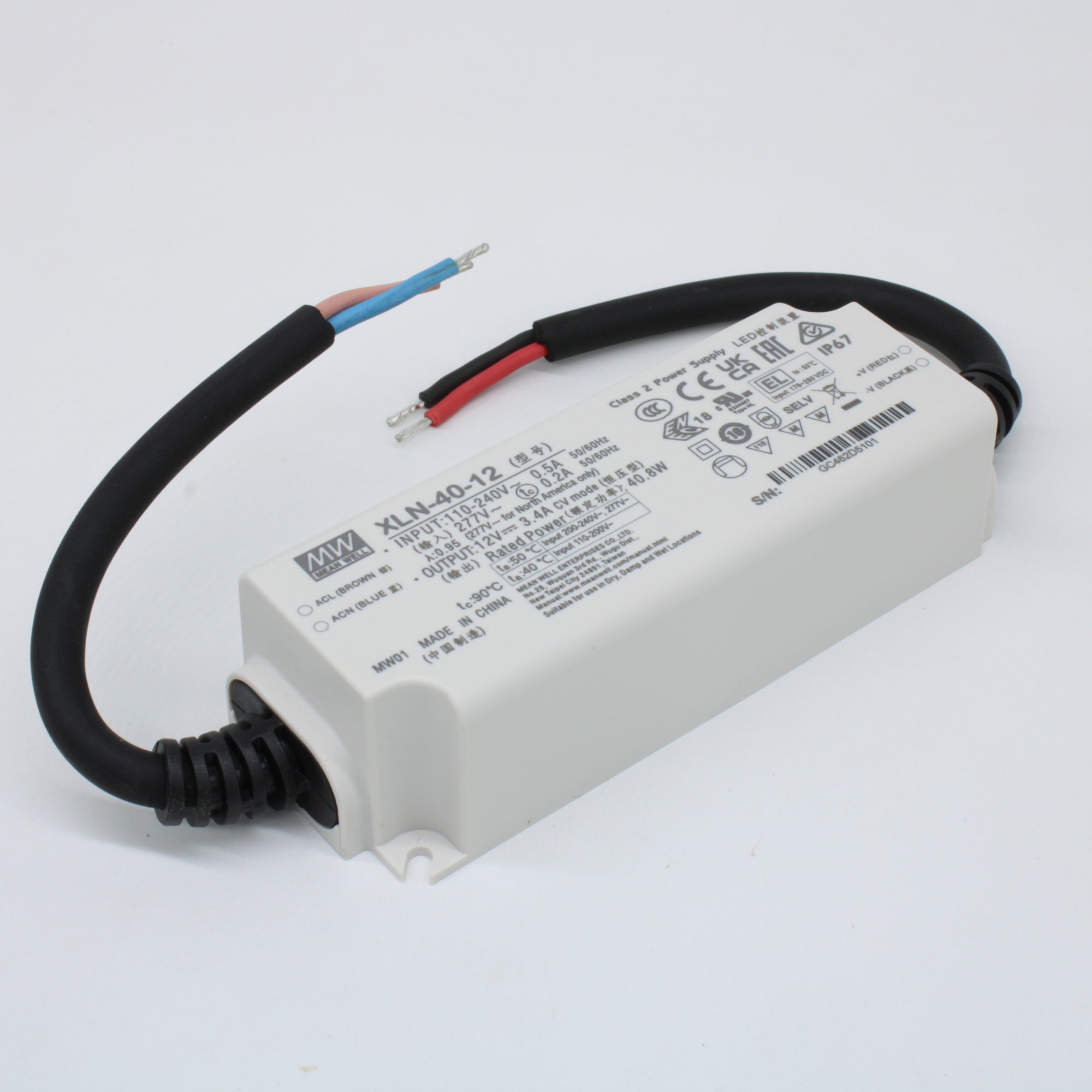 XLN-40-12 - AC-DC LED-драйвер, CV, 40.8Вт, вход 100…305В AC, 47…63Гц, выход 12В/3.4А, изоляция 3750В AC, IP67, 114х44х32мм, -25…+85°С