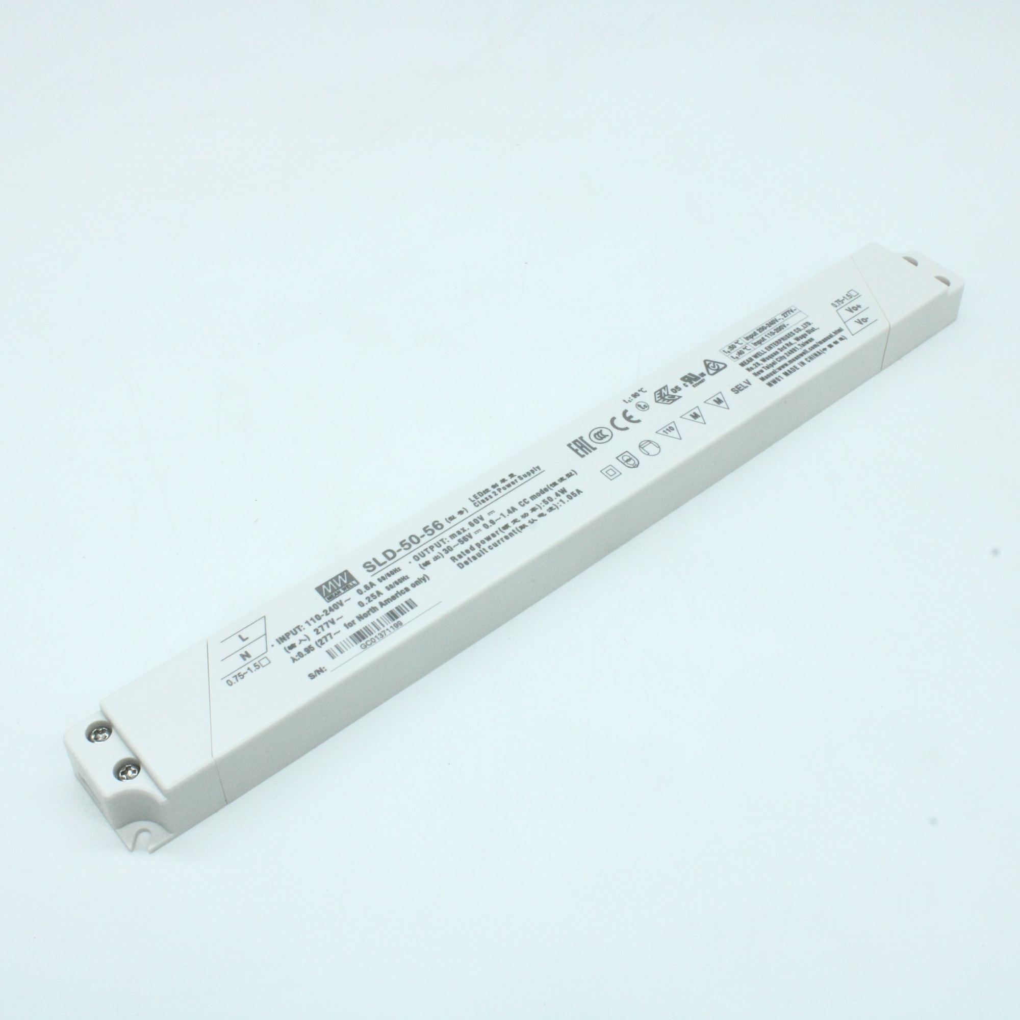 SLD-50-56 - AC-DC, 50.4Вт, вход 110…305В AC, 47…63Гц/155…431В DC, ККМ, выход в режиме пост. мощности 30…56В/0.9…1.4А, изоляция 3750В AC, в кожухе 280х30х16.8, -20…+90°С (корпус)