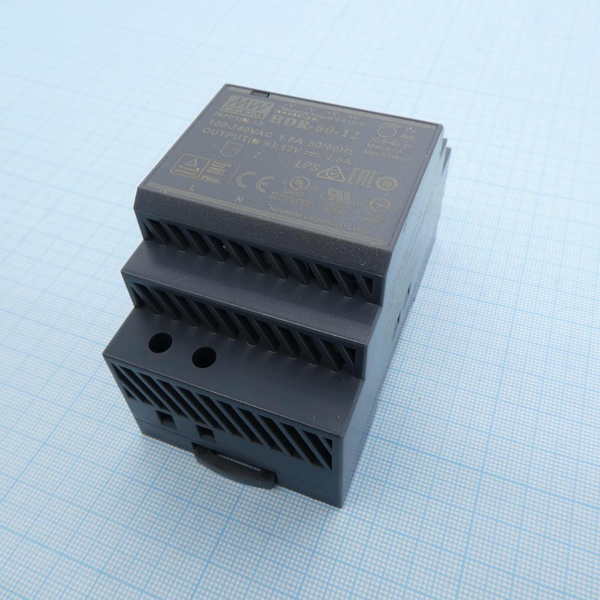 HDR-60-12 - AC-DC, 54Вт, вход 85...264 В AC 47...63Гц/120...370В DC, выход 12В/4.5А, изоляция 3000В AC, в кожухе на DIN-рейку, 52.5х90х54.5мм, -30...+70°С