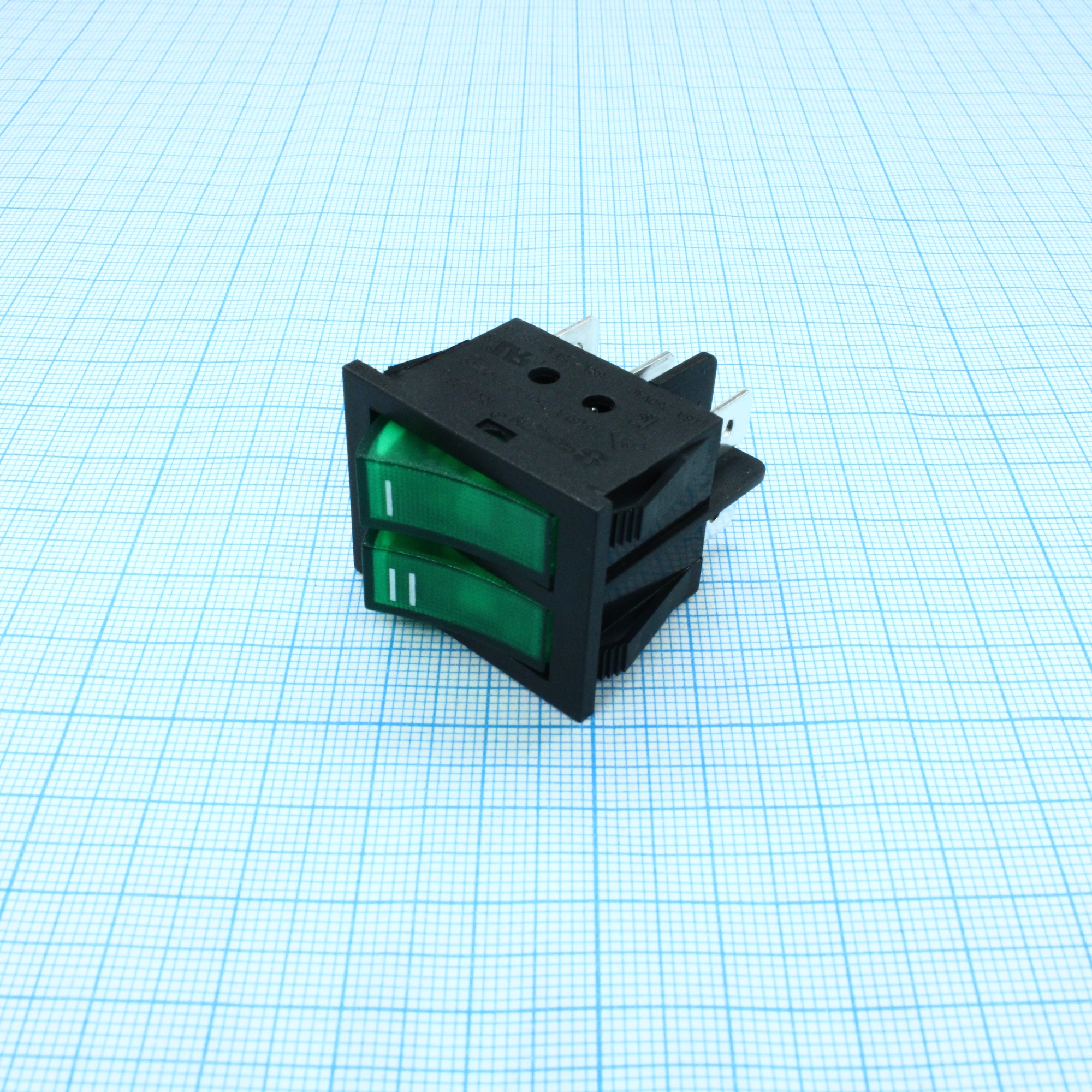 RK1-23AB 1X1X2N B/G"I,II" - Выключатель клавишный ON-OFF с подсветкой цвет корпуса (черный) цвет кнопки (зеленый)