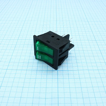 RK1-23AB 1X1X2N B/G"I,II" - Выключатель клавишный ON-OFF с подсветкой цвет корпуса (черный) цвет кнопки (зеленый)