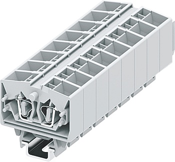 Клемма мини 254393 - Мини клемма, верхний подвод кабеля, 4 точки подключения в клемме, тип фиксации провода: пружинный, номинальное сечение: 2,5 мм кв., 24A, 800V, цвет: светло-серый, тип монтажа: DIN15