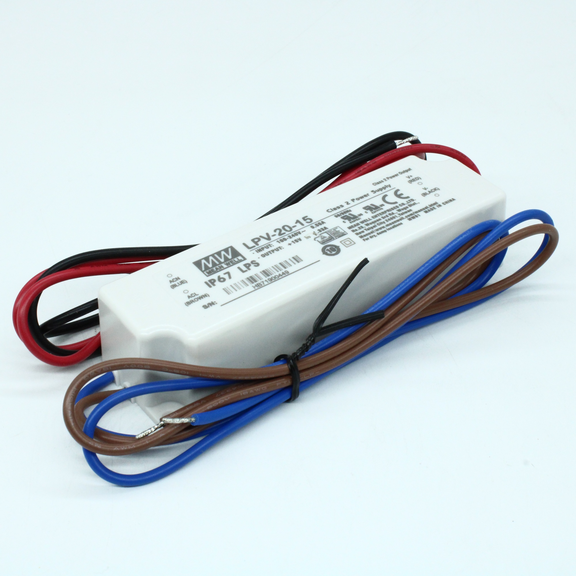 LPV-20-15 - AC-DC, 20Вт, IP67, вход 90…264В AC, выход 15В/1.33A, изоляция 3000В AC, в кожухе 118х35х26мм, -30…+70°С