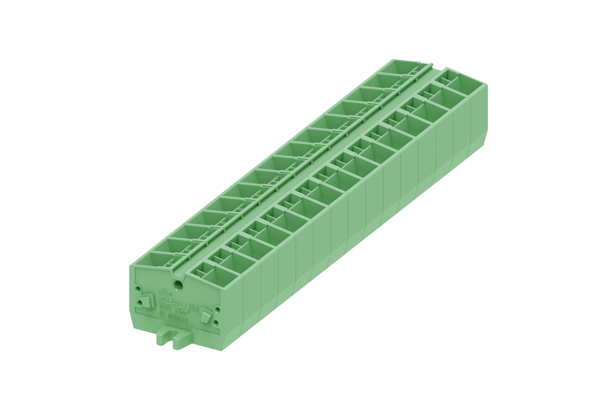 Клемма мини 254336 - Мини клемма, верхний подвод кабеля, 4 точки подключения в клемме, тип фиксации провода: пружинный, номинальное сечение: 2,5 мм кв., 24A, 800V, цвет: зеленый, тип монтажа: монтажные фланцы