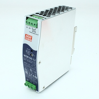 WDR-60-12 - Преобразователь AC-DC на DIN-рейку 60Вт, выход 12В/0…5A, рег. вых=12…15В, вход 180…550V AC, 47…63Гц /254…780V DC, изоляция 3000В AC, в кожухе 32х125.2х102мм, -30…+85°С