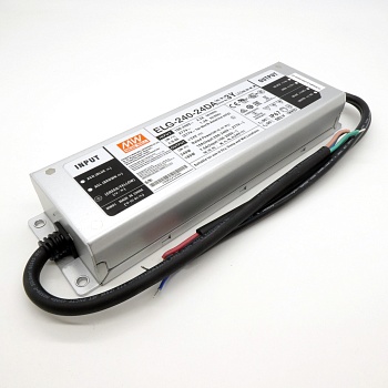 ELG-240-24DA-3Y - AC-DC, 240Вт, IP67, вход 100…305В AC, 47…63Гц/142…431В DC, ККМ, выход 12...24В/10А, изоляция 3750В AC, в кожухе 244х71х37.5мм, -40…+85°С (корпус), DALI димминг, с проводом заземления