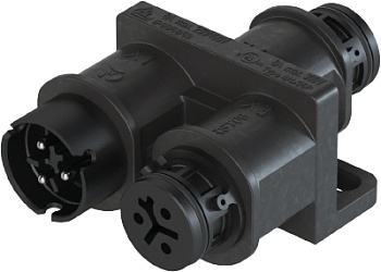 Разветвитель RST08i3VL2P1YF V SW - Распределительное устройство (тройник), 1 вход/2 выхода, IP68(69k), 3 полюса, параллельное соединение, с продольным уплотнением, с монтажными фланцами, цвет: черный, номинальные характеристики: 250V/400V 16A, серия gesis