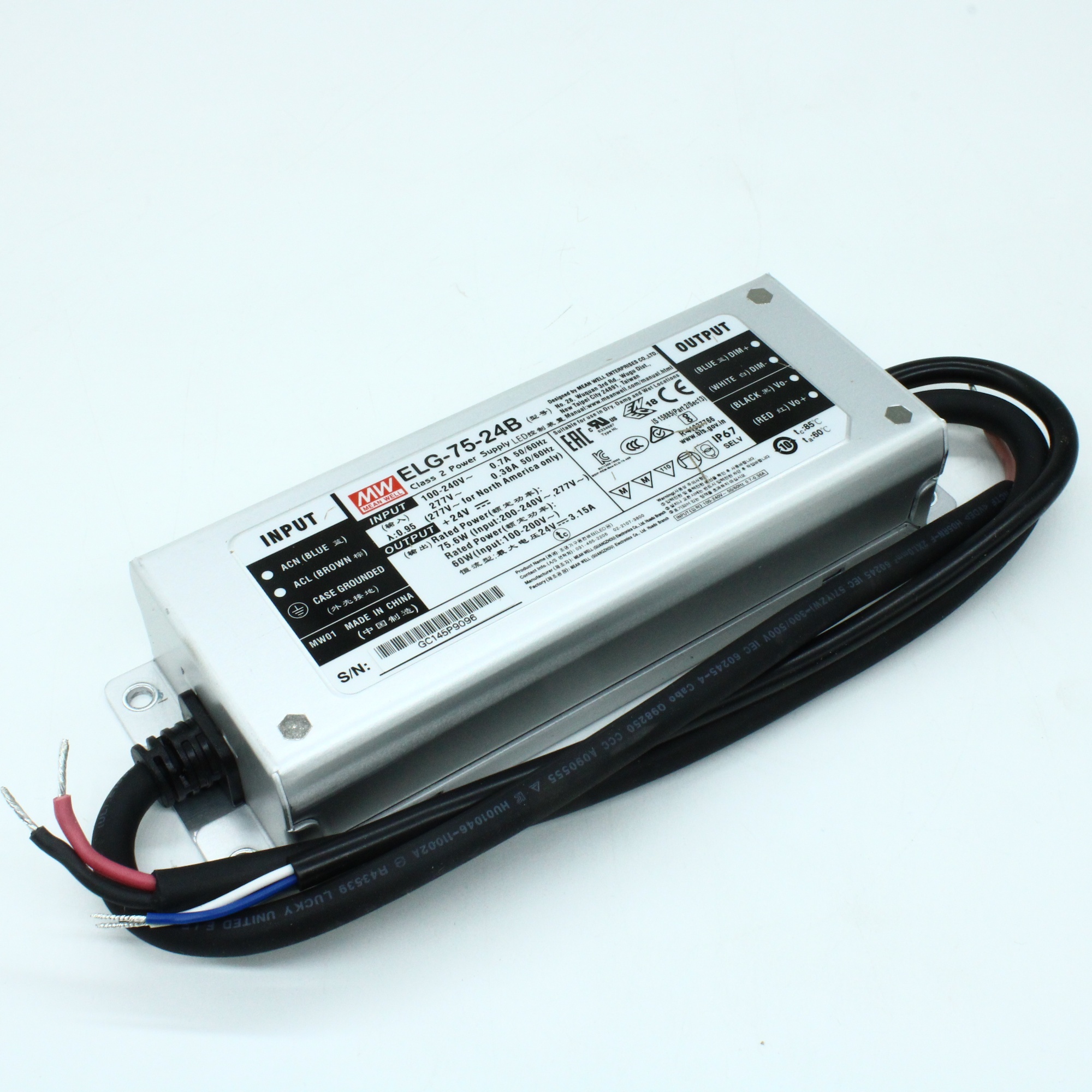 ELG-75-24B - AC-DC, 75.6Вт, IP67, вход 100…305В AC, 47…63Гц/142…431В DC, ККМ, выход 12…24В/3.15А, изоляция 3750В AC, в кожухе 180х63х35,5мм, -40…+85°С (корпус), димминг 3 в 1