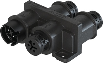 Разветвитель RST08i3VL3P1HF V SW - Распределительное устройство (тройник), 1 вход/3 выхода, IP68(69k), 3 полюса, параллельное соединение, с продольным уплотнением, с монтажными фланцами, цвет: черный, номинальные характеристики: 250V/400V 16A, серия gesis
