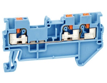 Проходная клемма UJ6-1.5/1X2(BU) - Проходная клемма, 3 точки подключения в клемме, тип фиксации провода: push-in, номинальное сечение: 1,5 мм кв., 17,5A, 500V, ширина: 3,5 мм, цвет: синий, тип монтажа: DIN 35