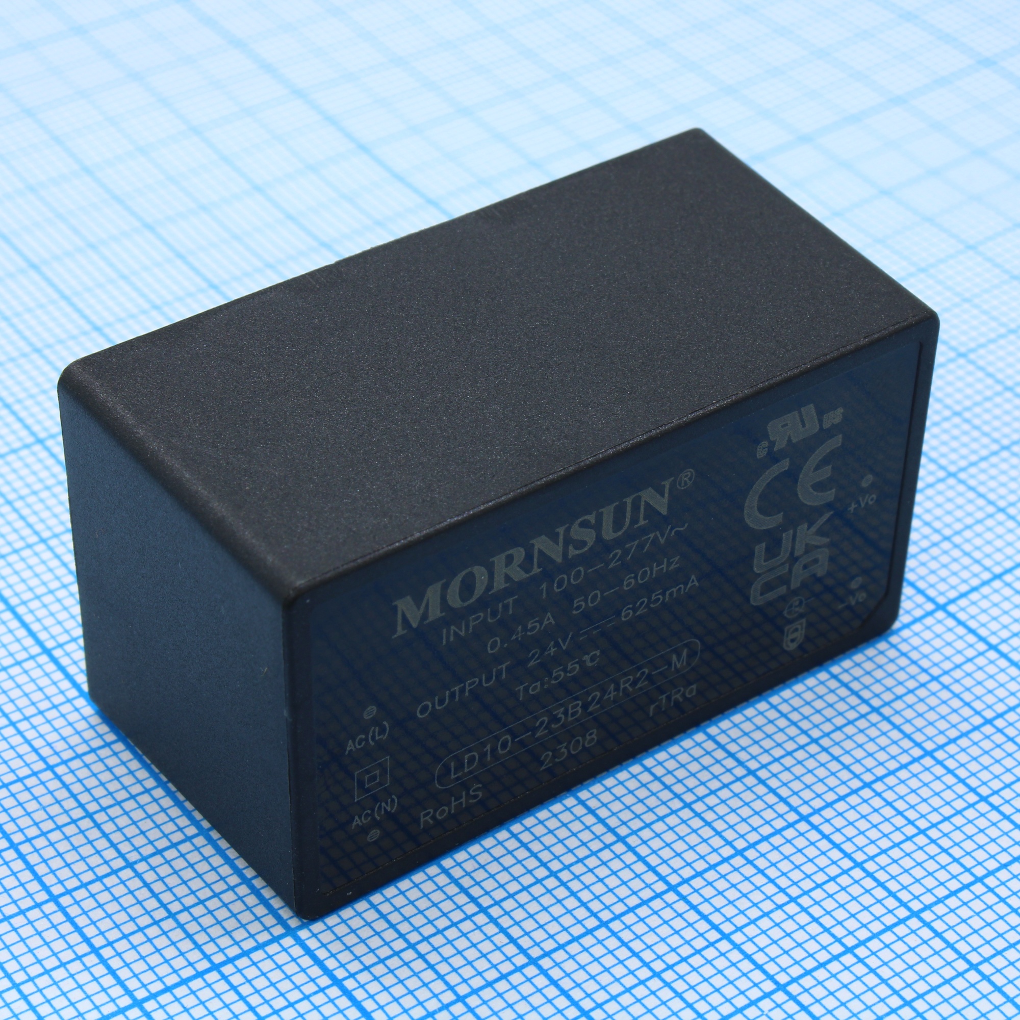 LD10-23B24R2-M - AC-DC, 10Вт, вход 85…305В AC 47…63 Гц, 100…430B DC, выход 24В/0.41А, изоляция 4000В AC, КПД 86%, в корпусе на плату 47.6х26.8х23.5мм, -40...+85°C