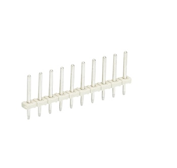 Контакт штыревой Z5.531.1025.0 - Штыревой контакт, вертикальный, на плату, диаметр штыря 0,8 мм, шаг 3,5 мм, 10 полюсов, фиксация на плате пайкой, 250V, 6А, цвет: серый, серия 8543