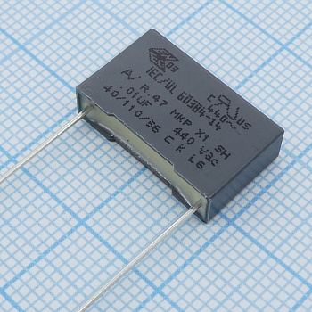 R474I210050A1K - Пленочный помехоподавляющий конденсатор X1,  0.01uF ±10%, 440VAC, радиальные выводы с шагом 15mm, (18 x 5 x 11mm)
