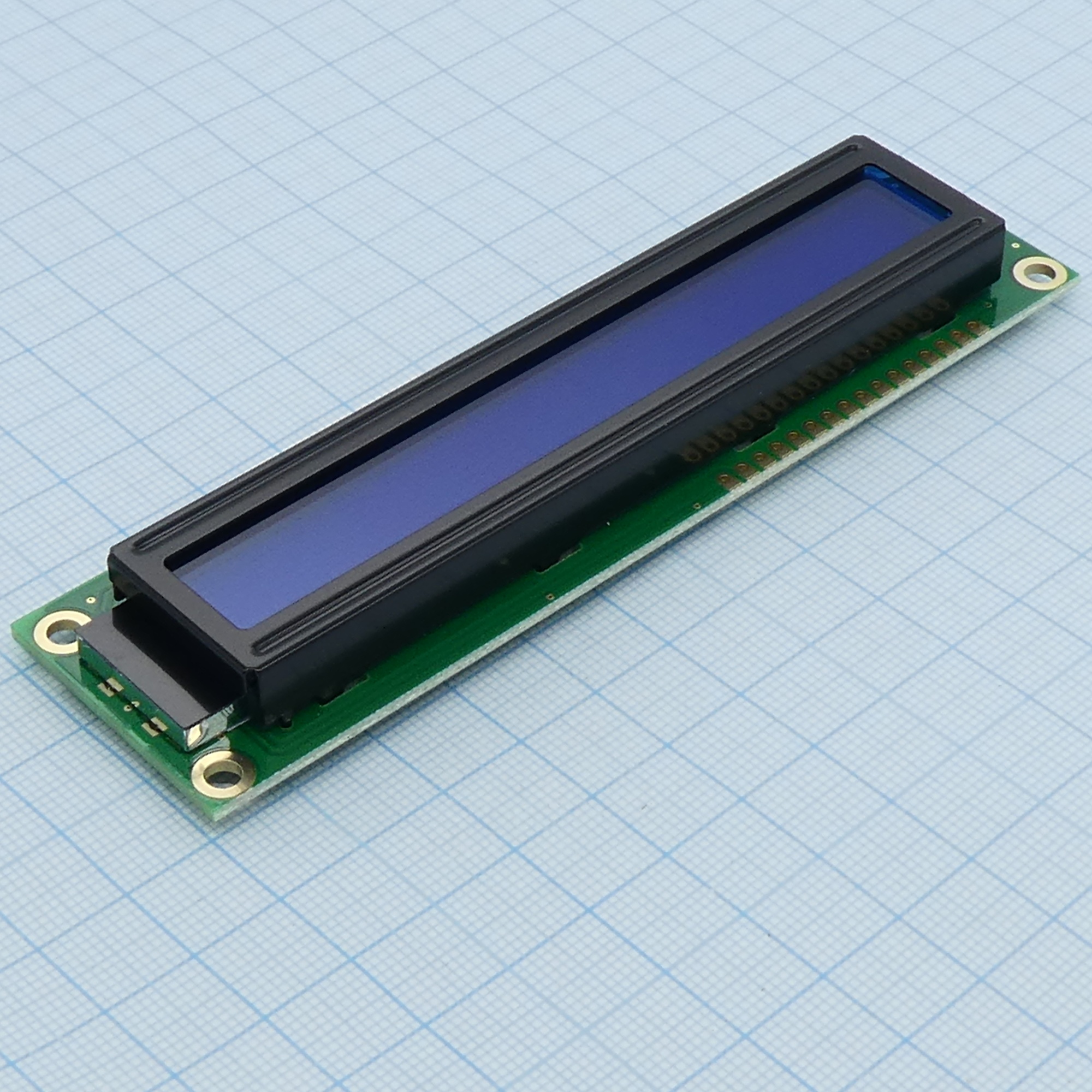 WH1601L-TMI-CT# - ЖКИ знакосинтезирующий 16 x 1, STN Синий Негативный/прозрачный светодиодная подсветка ярко-Белая, размеры 122x33 мм, видимая область 99x15 мм, -20...70°C, контактные площадки сверху 16 выводов