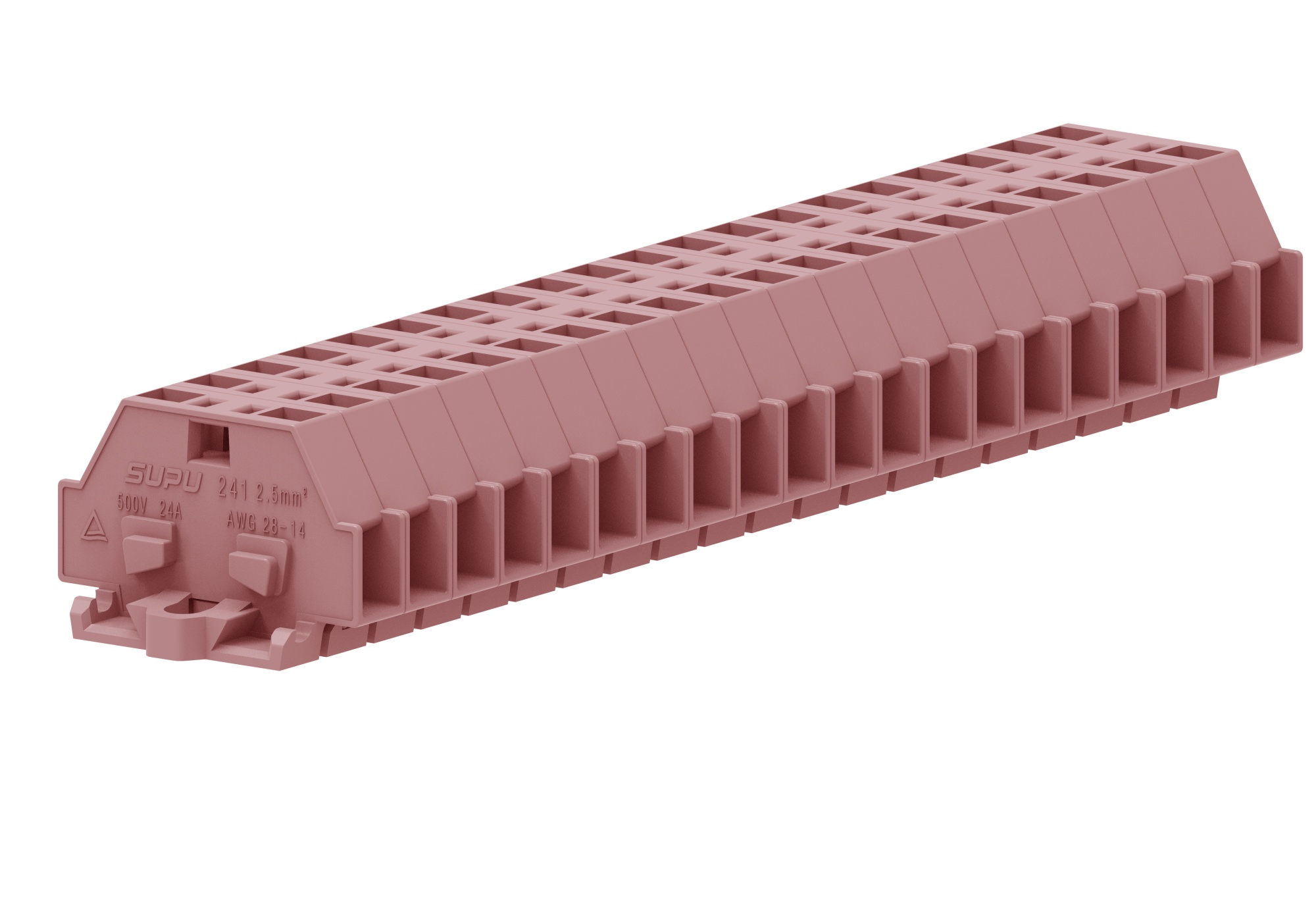 Клемма мини 241309 - Мини клемма, боковой подвод кабеля, 2 точки подключения в клемме, тип фиксации провода: пружинный, номинальное сечение: 2,5 мм кв., 24A, 500V, цвет: розовый, тип монтажа: монтажные фланцы