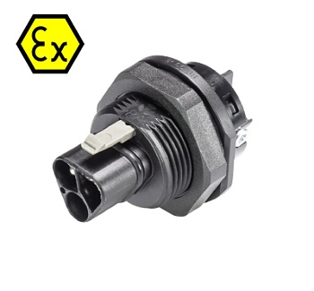 Разъём RST20I3SXS1 M01 взрывозащита - Взрывозащищенный вилочный разъем в панель, М25, IP68(69k), 3 полюса, винтовая фиксация провода, номинальные характеристики: 250/400V, 20A, цвет: черный, серия RST Ex