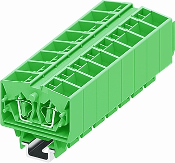 Клемма мини 254396 - Мини клемма, верхний подвод кабеля, 4 точки подключения в клемме, тип фиксации провода: пружинный, номинальное сечение: 2,5 мм кв., 24A, 800V, цвет: зеленый, тип монтажа: DIN15
