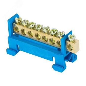 Шина "0" N (6х9мм) 8 отверстий латунь синий изолятор тип "Стойка" на DIN-рейку PROxima sn0-63-8-sb