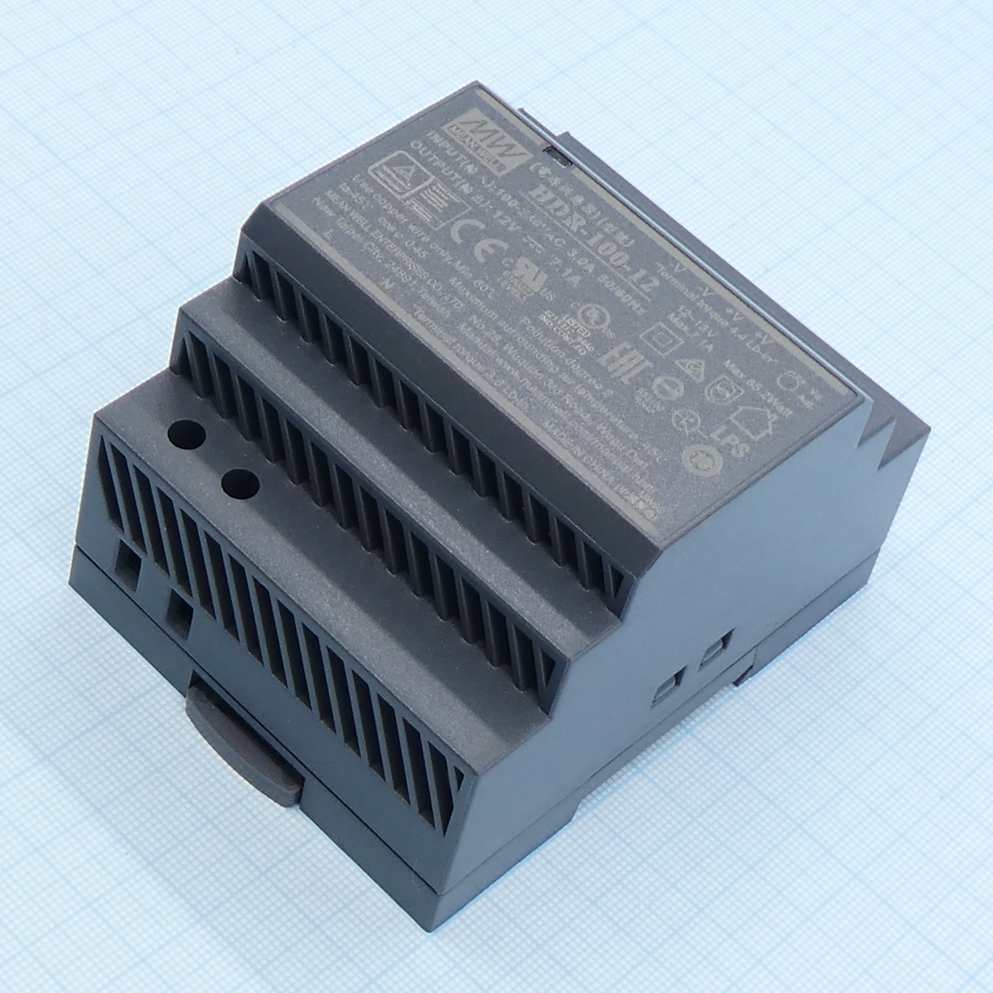 HDR-100-12 - AC-DC, 85.2Вт, вход 85...264 В AC 47...63Гц/120...370В DC, выход 12В/7.1А, рег. выхода 12…13В, изоляция 3000В AC, в кожухе на DIN-рейку, 70х90х54.5мм, -30...+70°С