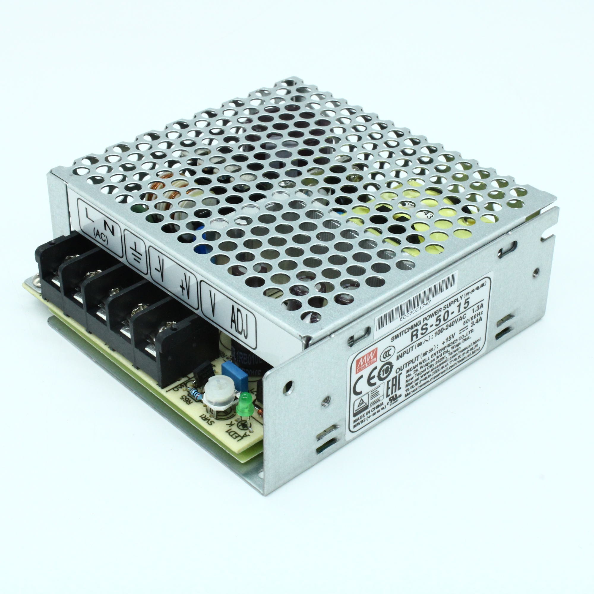 RS-50-15 - AC-DC, 50Вт, выход 15В/3.4A, рег. вых 13.5…16.5 В , вход 88…264В AC, 47…63Гц / 125…373 В DC,  изоляция 3000В AC, в кожухе 99х97х35мм, -20…+70°С