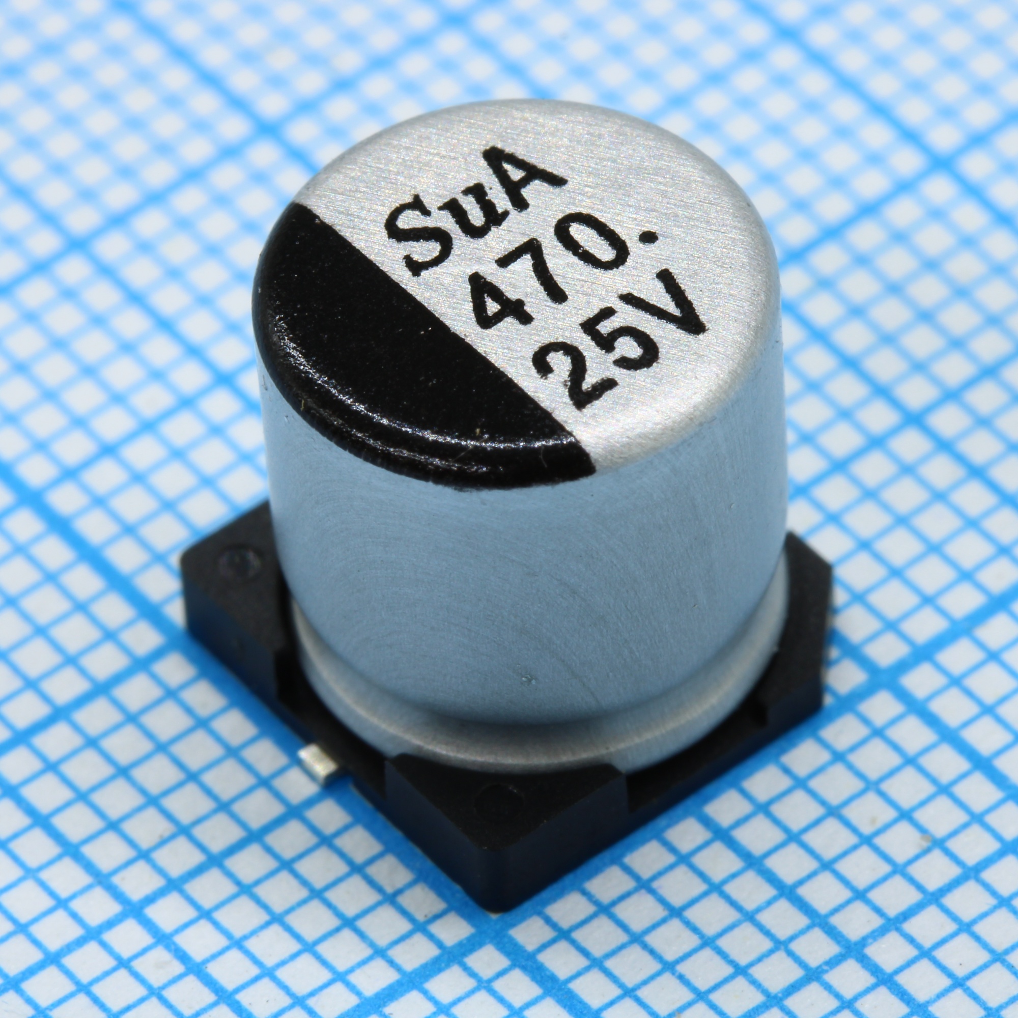 TS13CA1E471MKT000R - SMD Конденсатор алюминиевый электролитический 25В, 470мкФ ±20%, размер 10 X 10.5мм, 0.09 Ом, 670мА, 5000ч, 105С