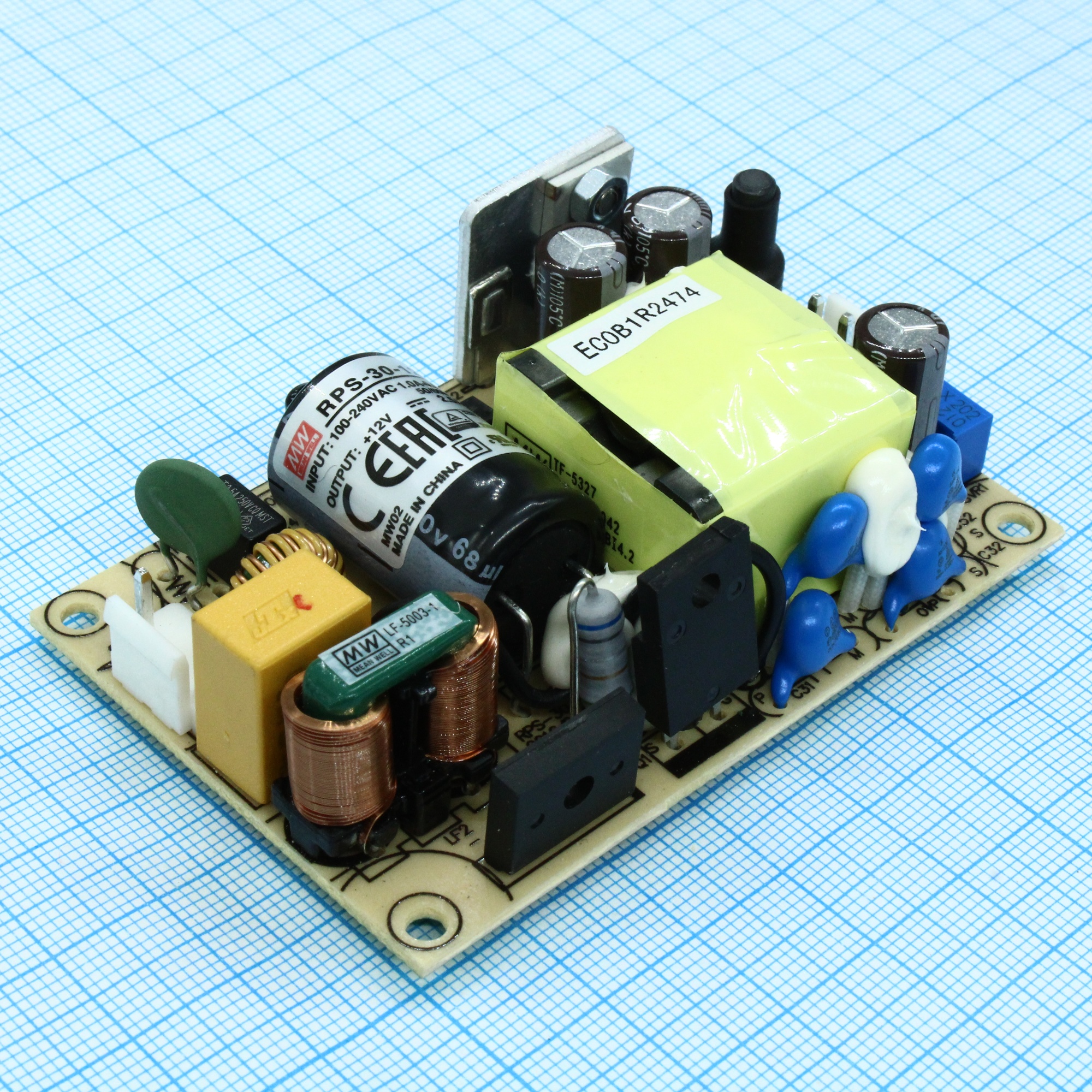 RPS-30-12 - AC-DC med, 30Вт, вход 80…264V AC, 47…63Гц, выход 12В/2.5A, рег.вых 11.4…13.2В, изоляция 4000V AC, открытая плата 76.2х50,8х24мм, -30…+70°С