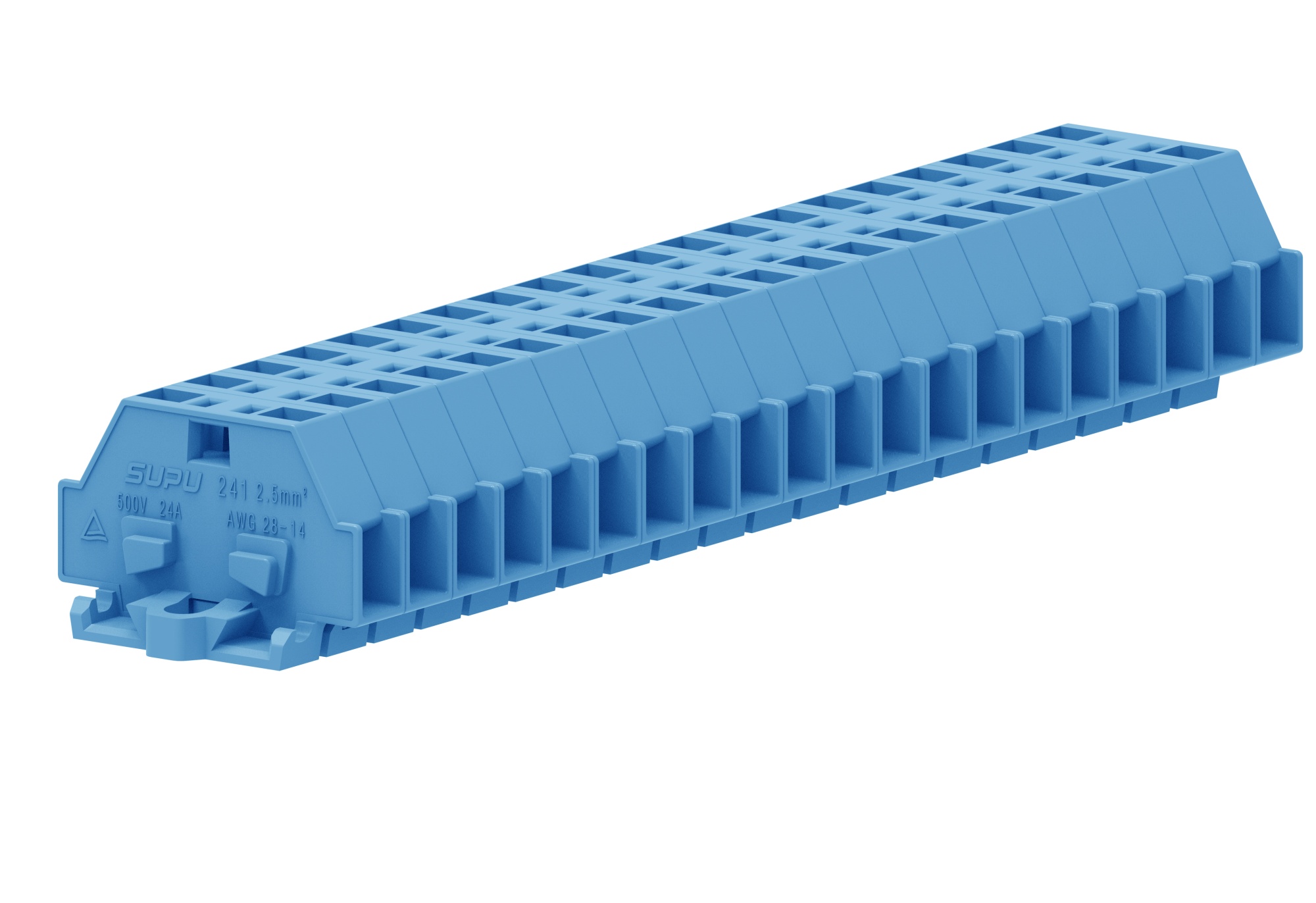 Клемма мини 241304 - Мини клемма, боковой подвод кабеля, 2 точки подключения в клемме, тип фиксации провода: пружинный, номинальное сечение: 2,5 мм кв., 24A, 500V, цвет: синий, тип монтажа: монтажные фланцы
