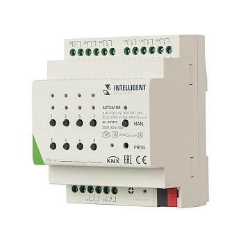 INTELLIGENT ARLIGHT Актуатор KNX-7083-82-DRO-MF-DIN (BUS/230V, 8x10А, KNX Secure) 039896 - Многофункциональный актуатор KNX для нагрузками/шторами/фанкойлами, 8-х канальный. Установка на DIN рейку. Напряжение питания DC 21-30V от шины данных. Максимальный