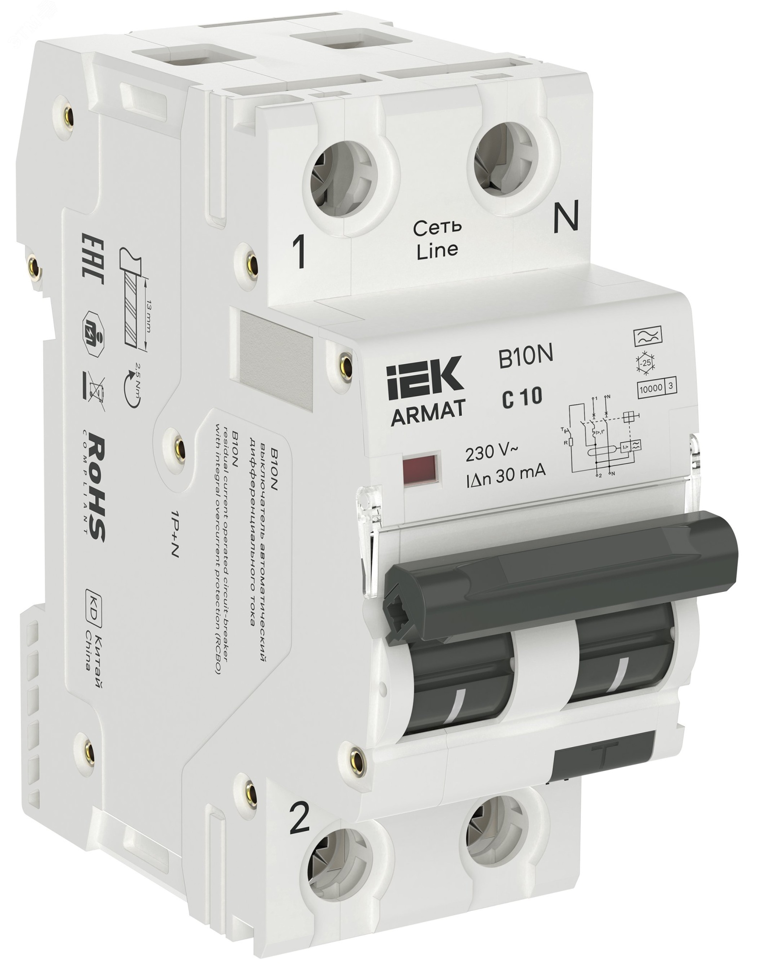 ARMAT Автоматический выключатель дифференциального тока B10N 1P+NP C10 30мА тип A (36мм) IEK AR-B10N-1N-C010A030