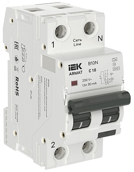 ARMAT Автоматический выключатель дифференциального тока B10N 1P+NP C10 30мА тип A (36мм) IEK AR-B10N-1N-C010A030