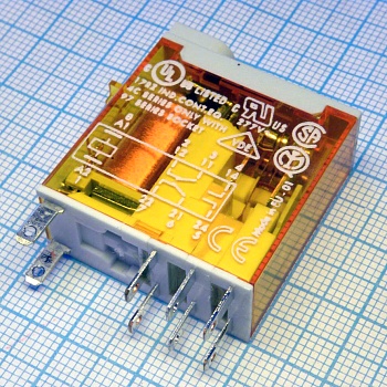 46.52.8.230.0040 - Миниатюрное промышленное электромеханическое реле; монтаж в розетку или наконечники Faston (2.5х0.5мм); 2СO 8A; контакты AgNi; катушка 230В АC; влагозащита RTII; опции: кнопка тест + мех.индикатор