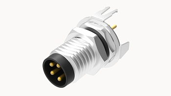 Вилочный разъем SPSH-M8A-04P-MM-SF7003 - Вилочный разъем для монтажа на печатную плату, 4 полюса, M8, гайка спереди, угол 180 град., фиксация провода пайкой, A-Code, 3А, 60V, M10*0.75,