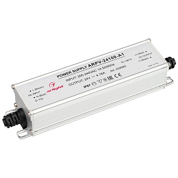 Блок питания ARPV-24100-A1 (24V, 4.16A, 100W) 033093 - Источник напряжения с гальванической развязкой для светодиодных изделий. Входное напряжение 200-240 VAC. Выходные параметры: 24 В, 4.16 А, 100 Вт. Встроенный PFC >0.5. Герметичный алюминиевый корпус I