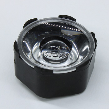 AYS29DH17-5G-HOLDER-P - Линза с черным  гексагональным холдером с пинами для светодиода 3535/3030/5050,  эфф=90%, ~5°,  29,1mm  H:17mm, PMMA