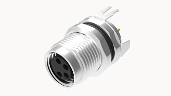 Розеточный разъем SPSH-M8B-05P-FF-SF7001 - Розеточный разъем для монтажа на печатную плату, 5 полюсов, M8, гайка спереди, угол 180 град., фиксация провода пайкой, B-Code, 3А, 30V, M10*0.75,