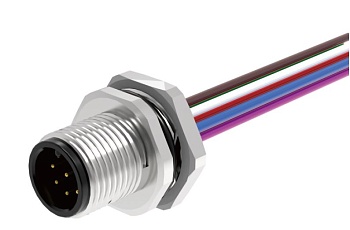 Вилочный разъем в панель M12A03C-MFHS-UC0.5 - Вилочный разъем в панель, 3 полюса, M12, гайка сзади, с проводом 0,5 метра, A-Code, 4А, 250V, резьба на гайке PG9, резьбовое соединение: латунь, неэкранированный