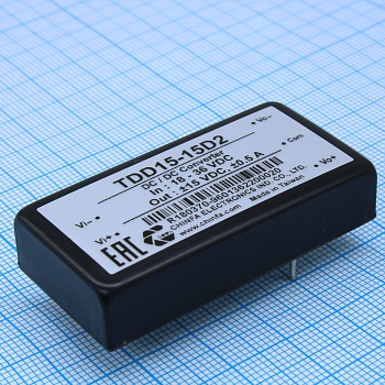 TDD15-15D2 - Преобразователь DC/DC 15Вт вход 18...36В выход ±15В/±500мА, изоляция 1500В DC, 2"x1" (50.8х25.4х10.2мм), -25°С…+60°С