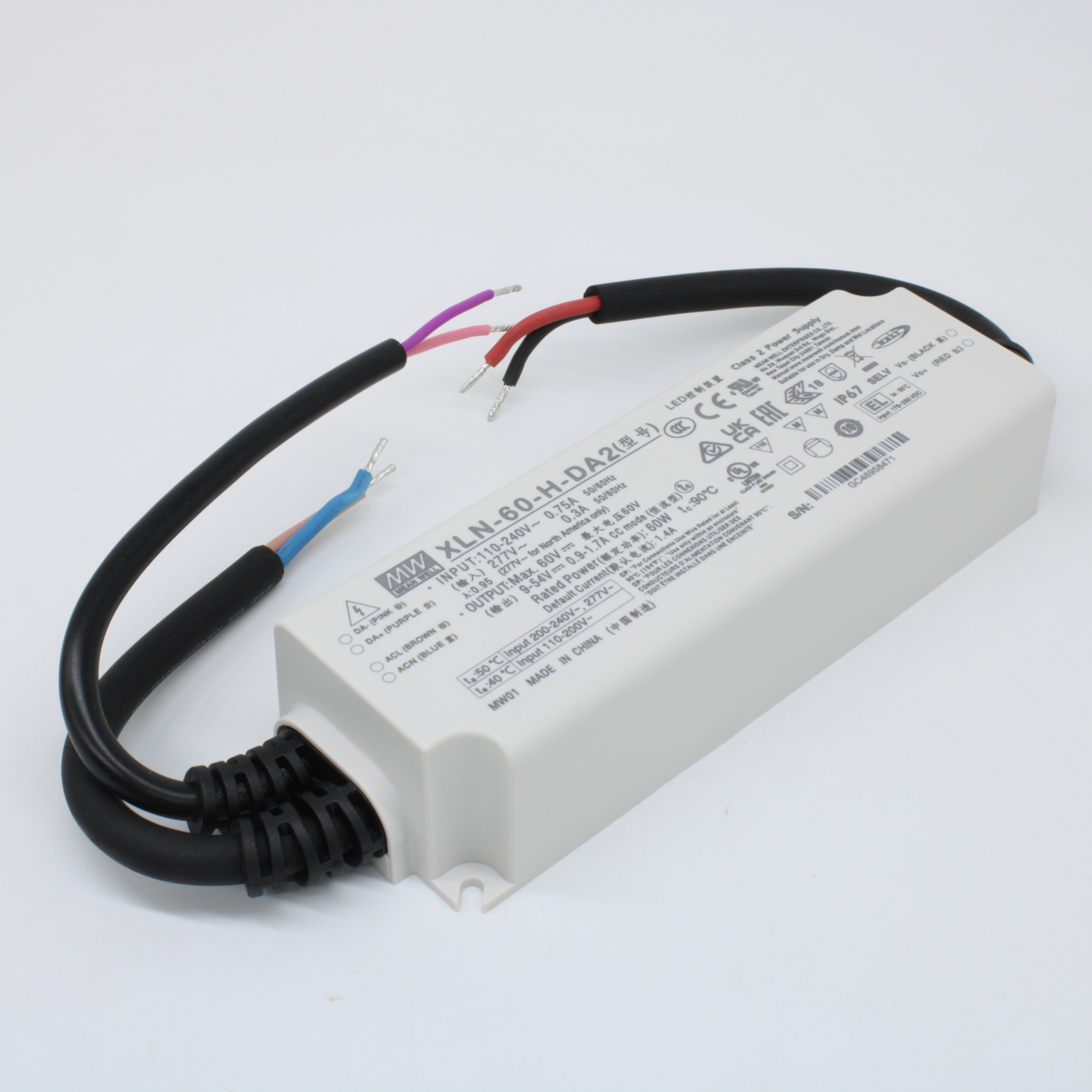 XLN-60-H-DA2 - AC-DC LED-драйвер, CC, 40Вт, вход 100…305В AC, 47…63Гц, выход 1400 (900…1700/NFC)мА/9…54В, изоляция 3750В AC, DALI-2, IP67, 114х44х32мм, -25…+85°С