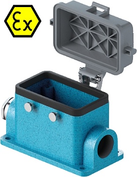 Закрытое основание разъема EX 70.345.1036.0 - Основание разъема на панель, закрытое, типоразмер 10B, взрывозащищита, с уплотнителем, 1 кабельный ввод M25x1,5, IP54, с левым расположением, без защелок (упоры для двух защелок), с защитной крышкой, материал 