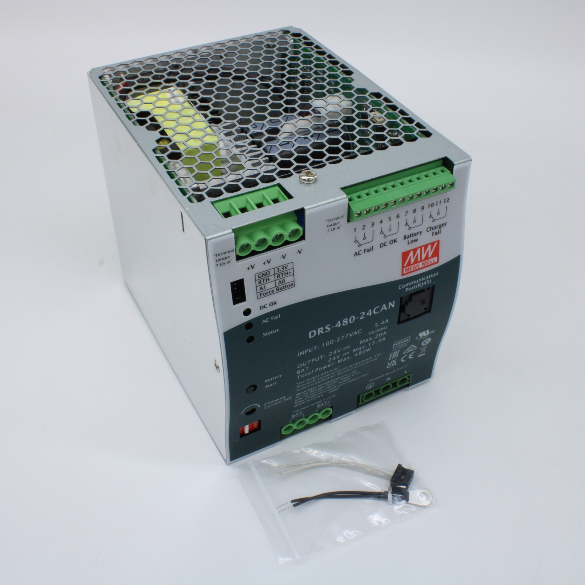 DRS-480-24CAN - AC-DC с функцией UPS, 480Вт, выход 24В/20A, вход 90…305В АС/127…431В DC, максимальный зарядный ток 15.4А, CAN, изоляция 3000В АС, в корпусе 110х125.2х150.7мм, -30...+70°С